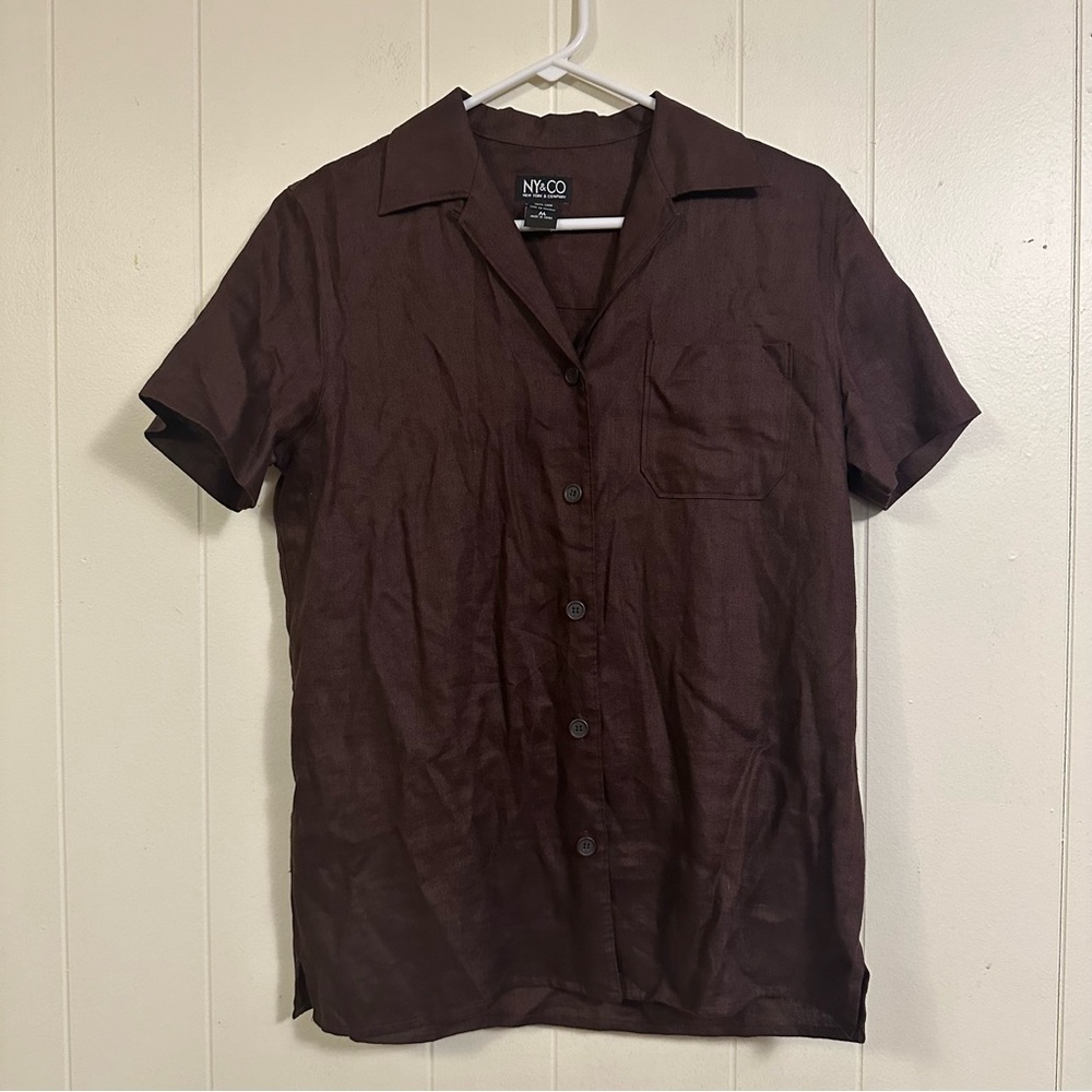 90’s Y2K dark brown linen short sleeved button down shirt Medium